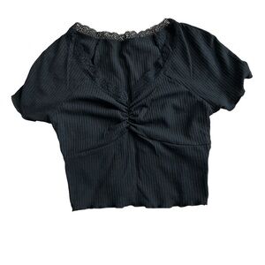Shein black short sleeve crop top with lace trim size XS
